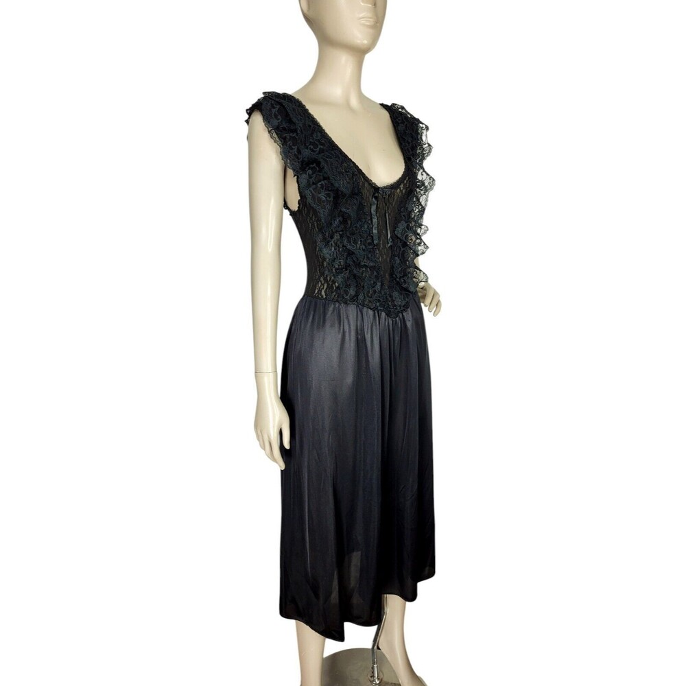 Vintage 80s Sexy Black Frilly Lace Peignoir Lingerie Nightgown Cinema Etoile S/M - Picture 2 of 8